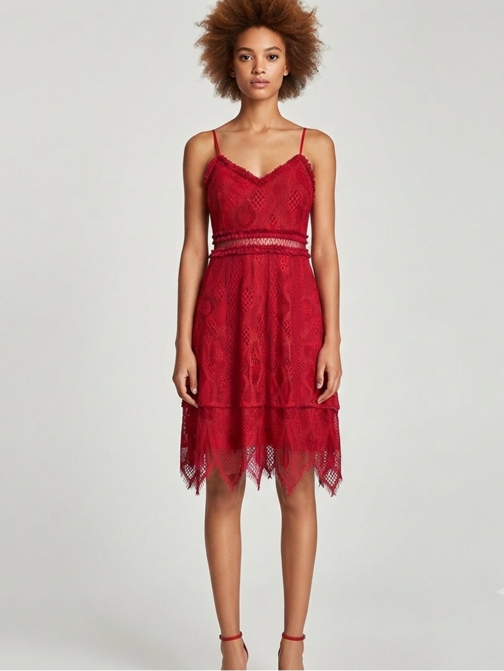NWT Foxiedox Raspberry Red Lace Midi Dress S Cutout Waist Cocktail $163